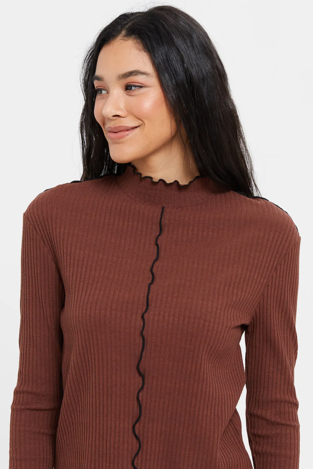 Women Brown Ribbed Top