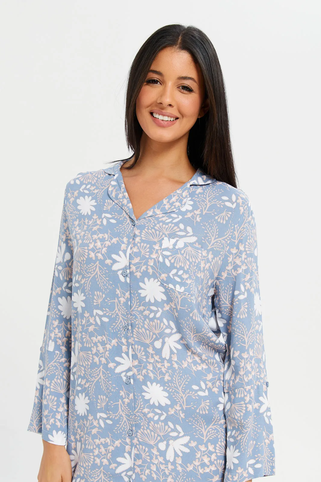 Women Collared Blue Classic Nightshirt