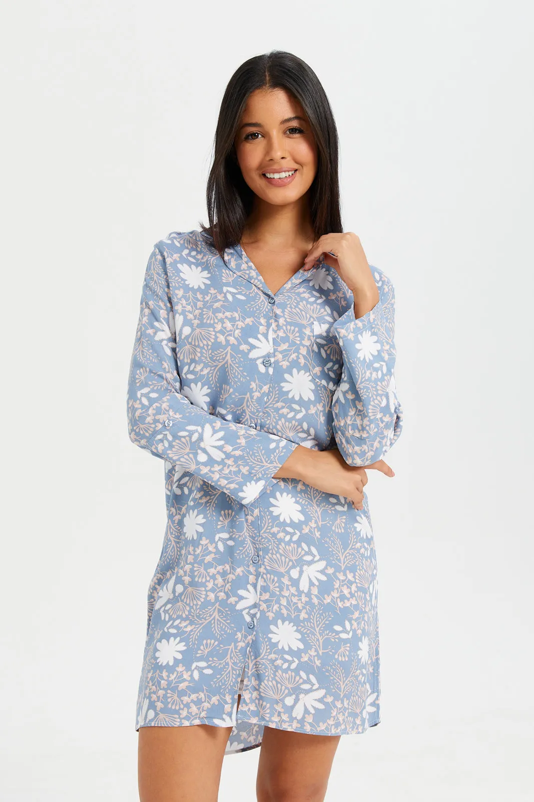 Women Collared Blue Classic Nightshirt