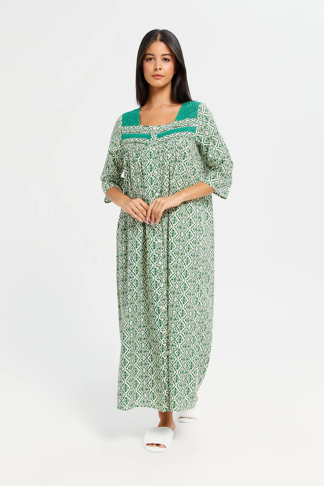 Women Green Printed Raglan Nightgown