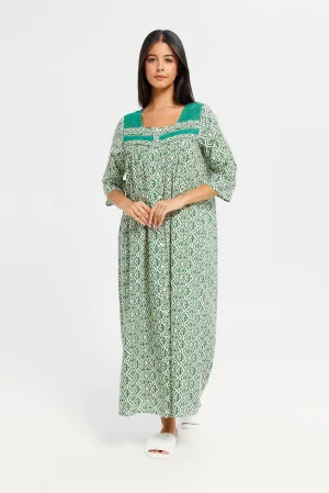 Women Green Printed Raglan Nightgown