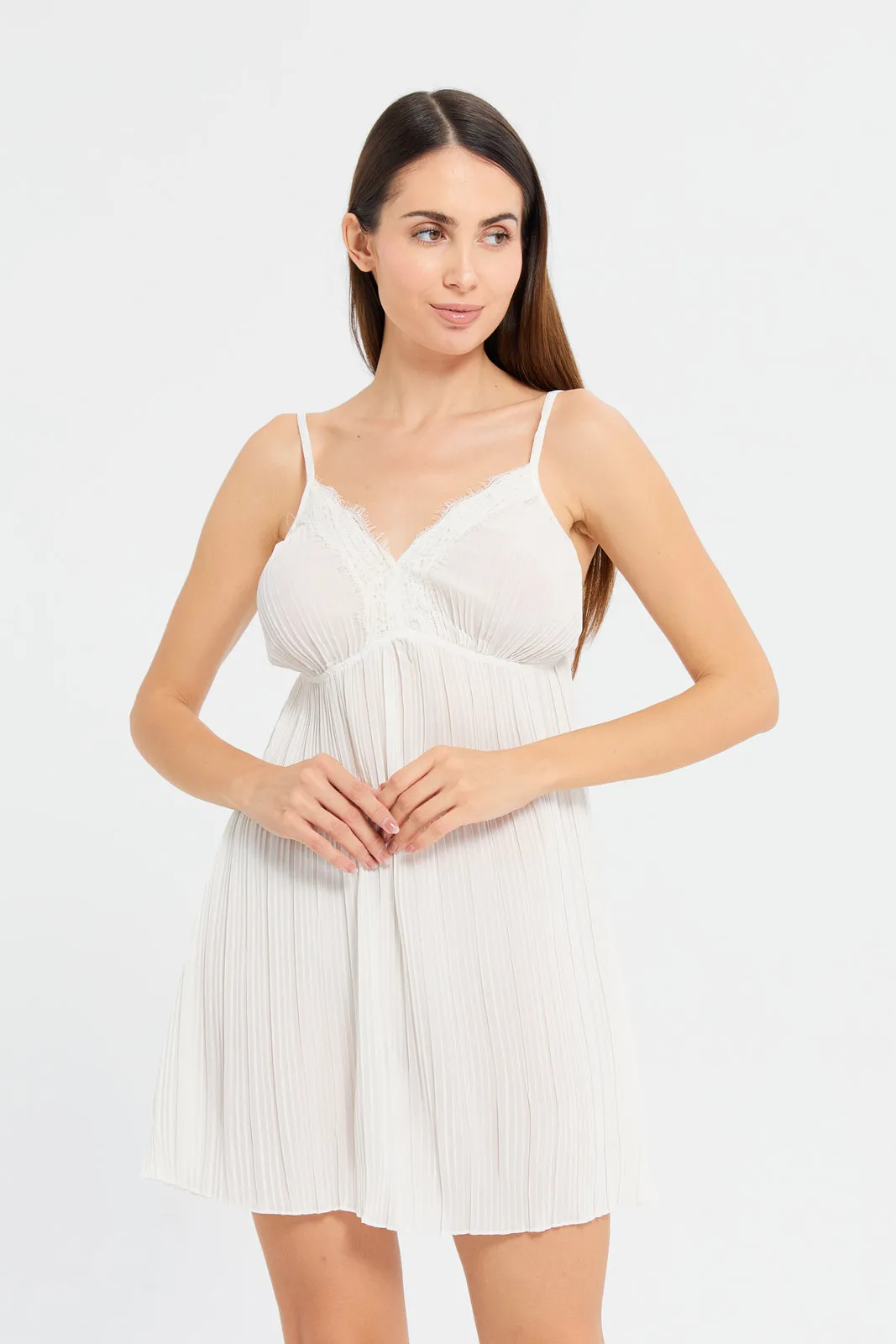 Women Ivory Pleated Babydoll