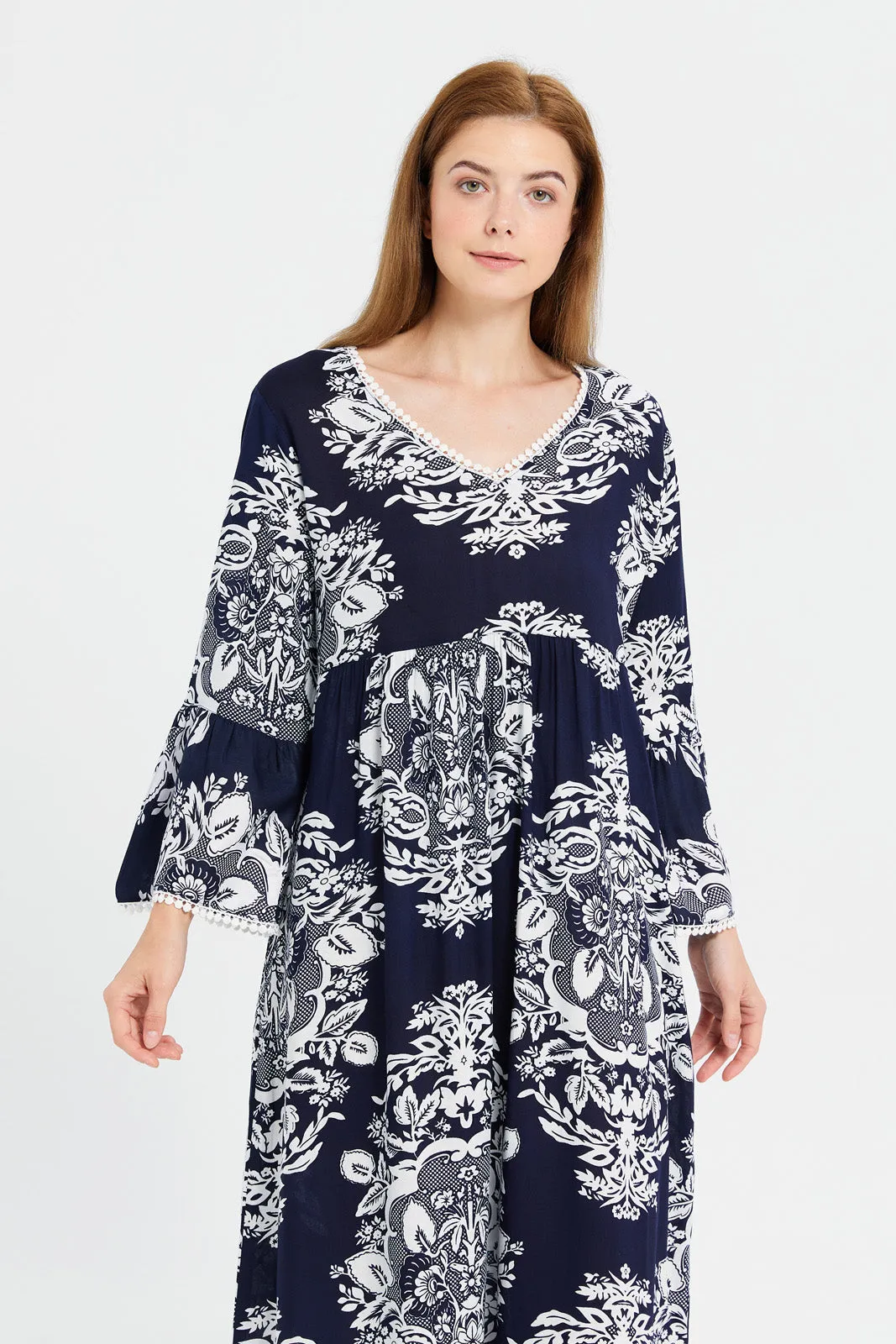 Women Navy Printed V-Shape Nightgown