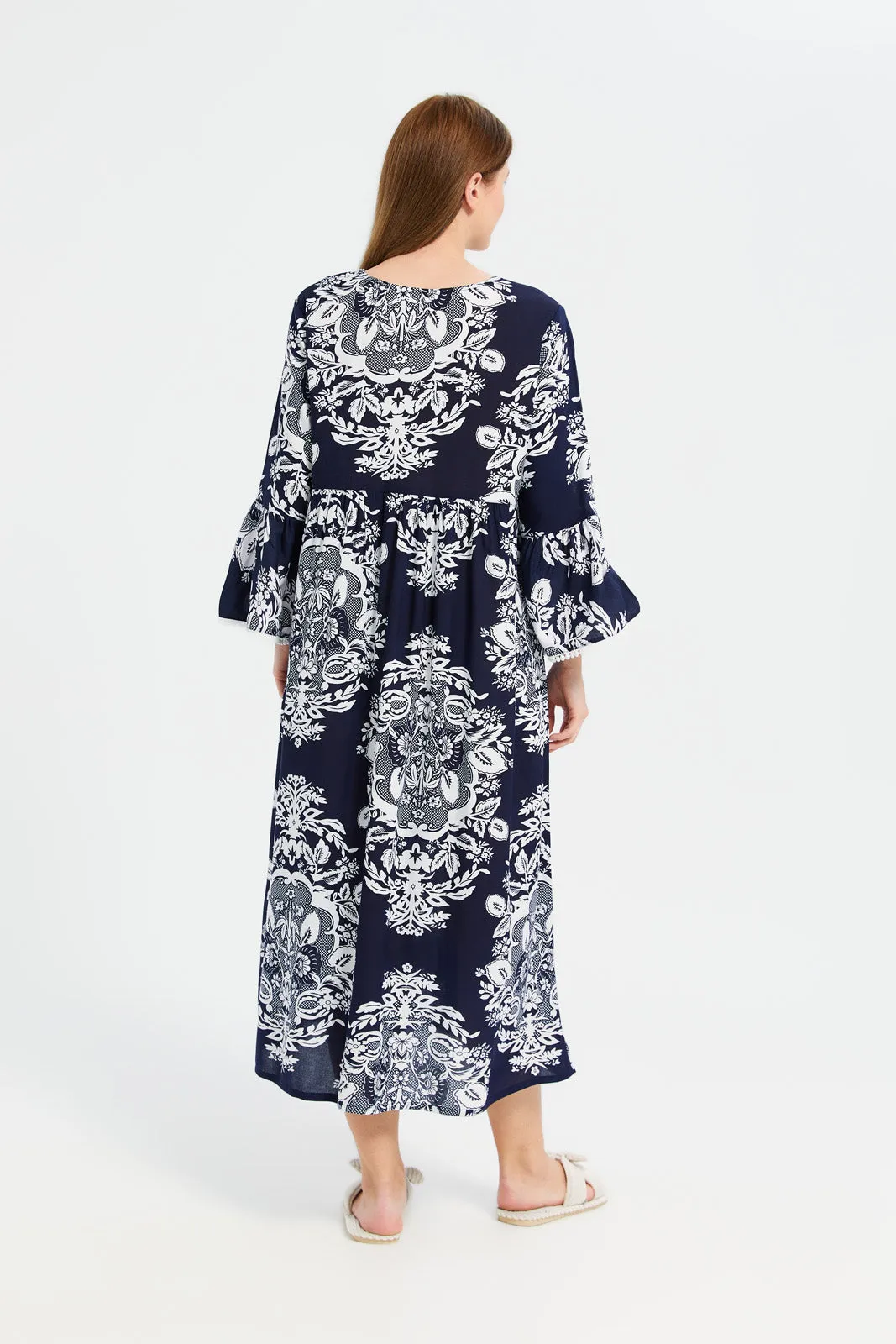 Women Navy Printed V-Shape Nightgown