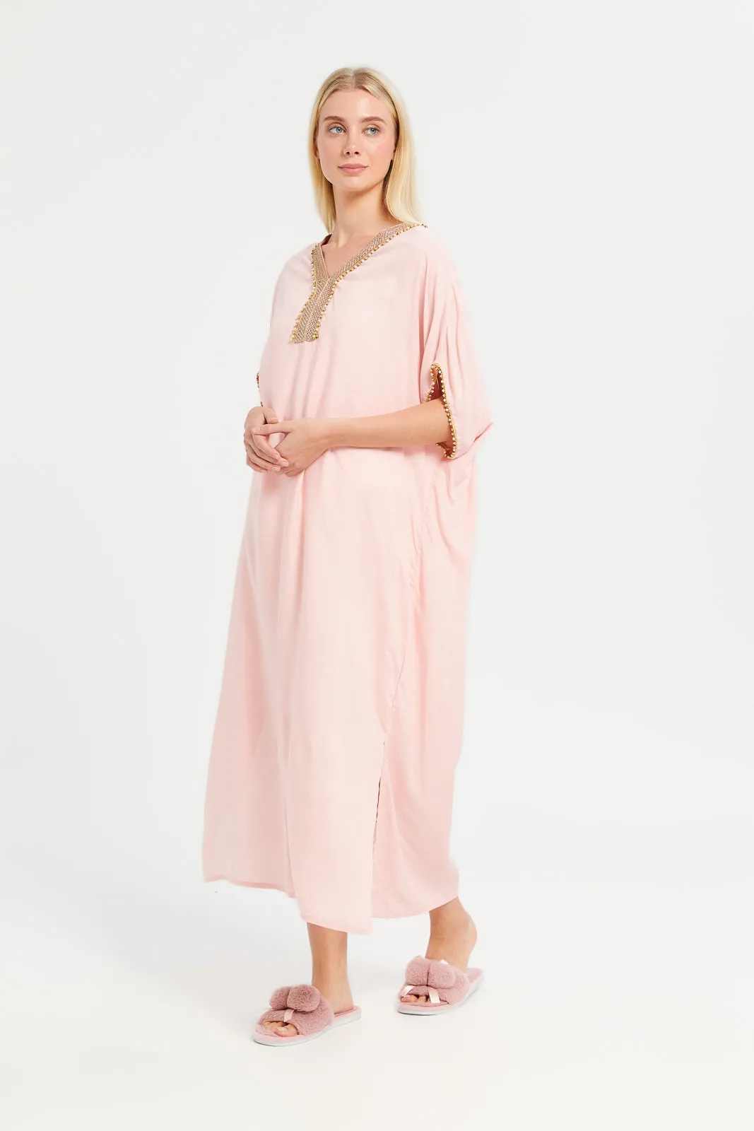 Women Pink Embellished Kaftan Nightgown