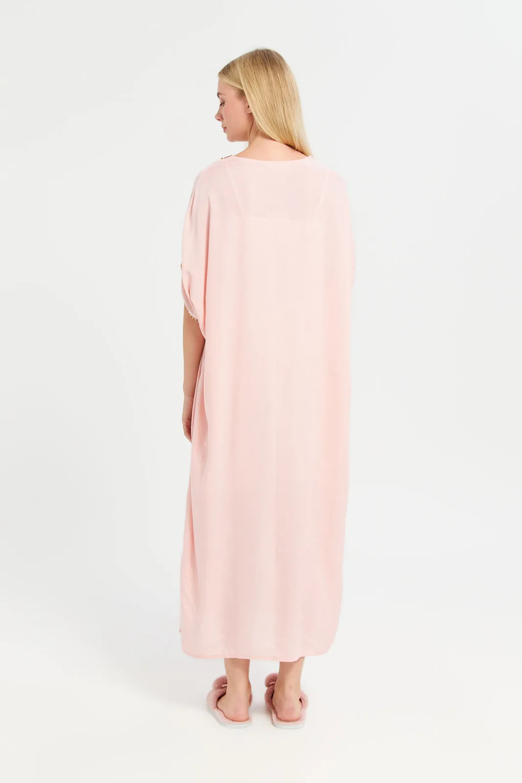 Women Pink Embellished Kaftan Nightgown