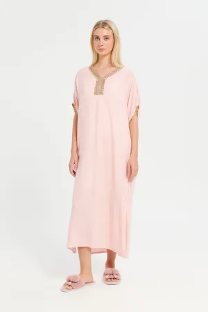 Women Pink Embellished Kaftan Nightgown