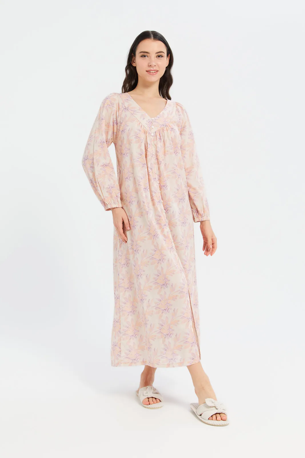 Women Pink Front Button Nightgown