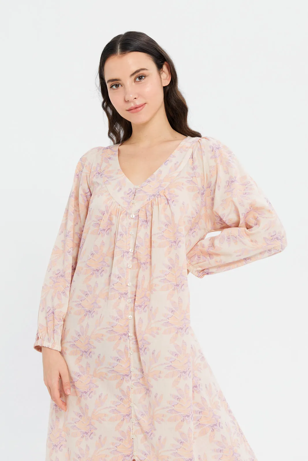 Women Pink Front Button Nightgown