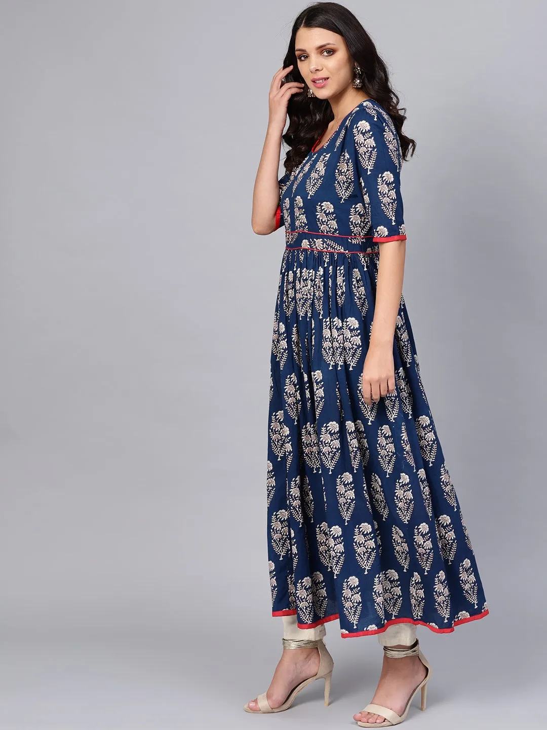 Women'S Royal Blue Printed Floor Length Anarkali