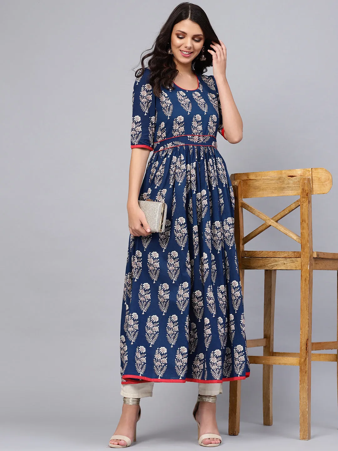 Women'S Royal Blue Printed Floor Length Anarkali