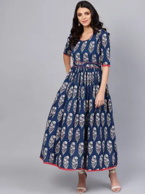 Women'S Royal Blue Printed Floor Length Anarkali