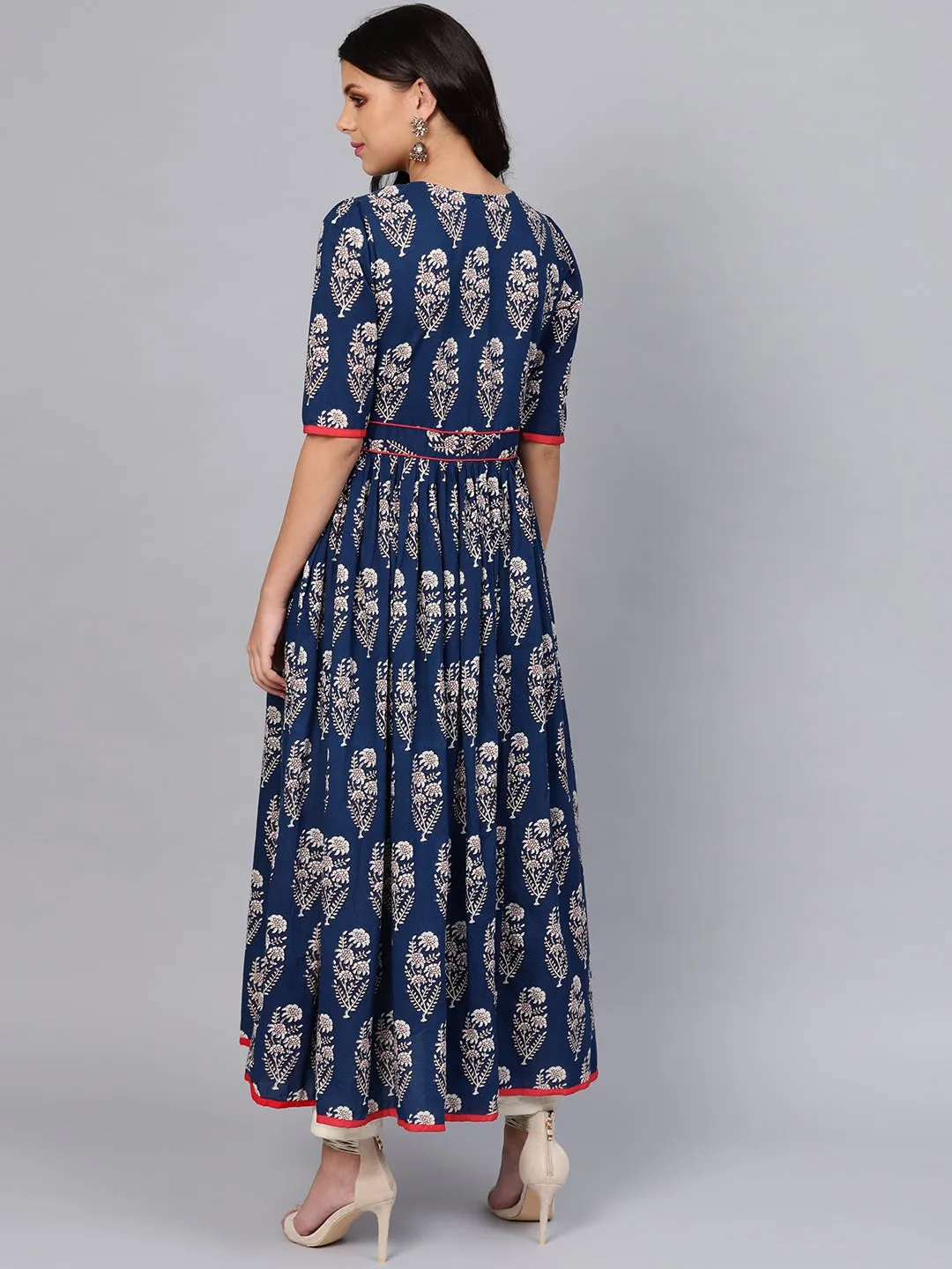 Women'S Royal Blue Printed Floor Length Anarkali