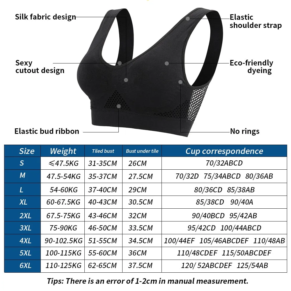 Women's Unwired Bras Wireless S-6XL Plus Size Backless Push Up Seamless Mesh Top Bra Non Bones Frame Sports Bras